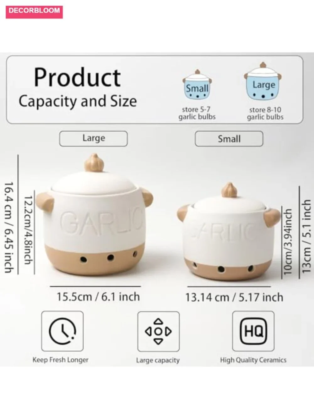 Ceramic Garlic Keeper with Lid & Vent Holes, Countertop Farmhouse Storage